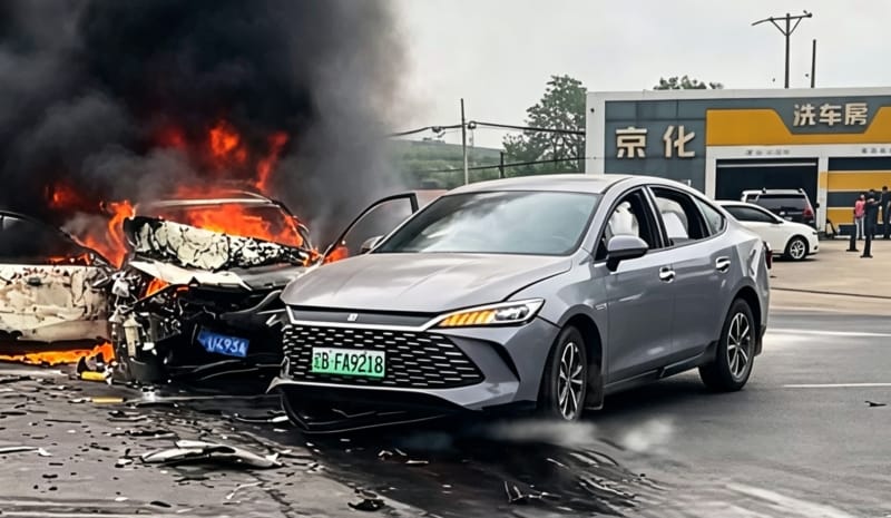 Accident, Une BYD Solide Face à une Mazda 3 Enflammée